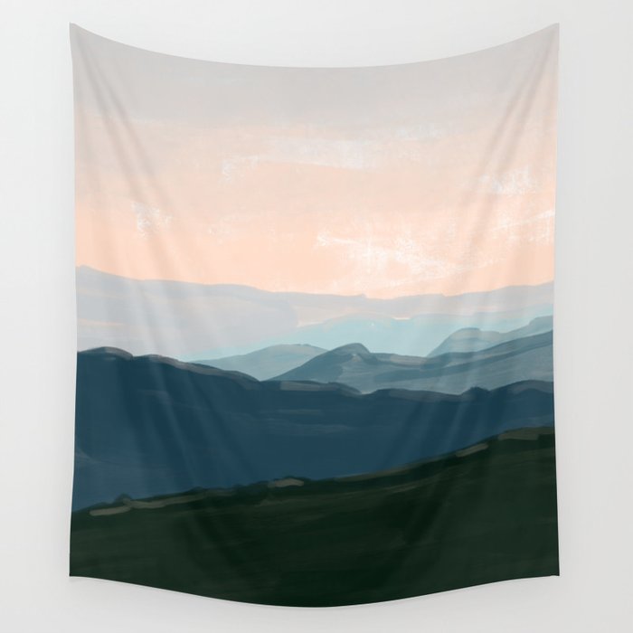 Mountain scene 1 sunset in blue green peach Wall Tapestry by River