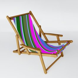 [ Thumbnail: Colorful Dark Olive Green, Fuchsia, Royal Blue, Powder Blue, and Dark Green Colored Lines Pattern Sling Chair ]