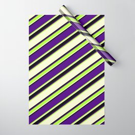 [ Thumbnail: Indigo, Light Green, Light Yellow, and Black Colored Stripes Pattern Wrapping Paper ]