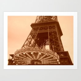 Eiffel Tower Carousel in sepia  Art Print