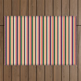 [ Thumbnail: Eyecatching Red, Tan, Purple, Dark Green, and White Colored Stripes Pattern Outdoor Rug ]
