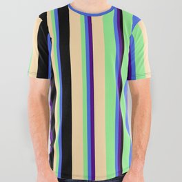 [ Thumbnail: Eye-catching Indigo, Royal Blue, Light Green, Tan & Black Colored Stripes Pattern All Over Graphic Tee ]