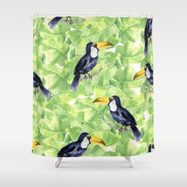 Seamless watercolor pattern with toucan on green leaves Shower Curtain