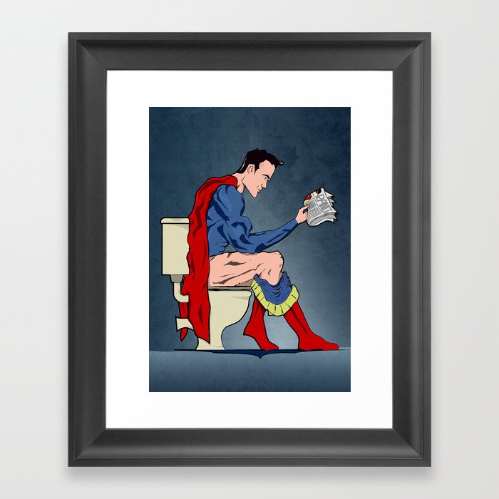 Superhero On Toilet, Restroom, bathroom art Framed Art Print