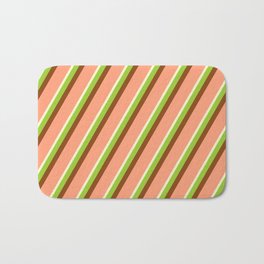 [ Thumbnail: Light Yellow, Green, Brown & Light Salmon Colored Lined/Striped Pattern Bath Mat ]