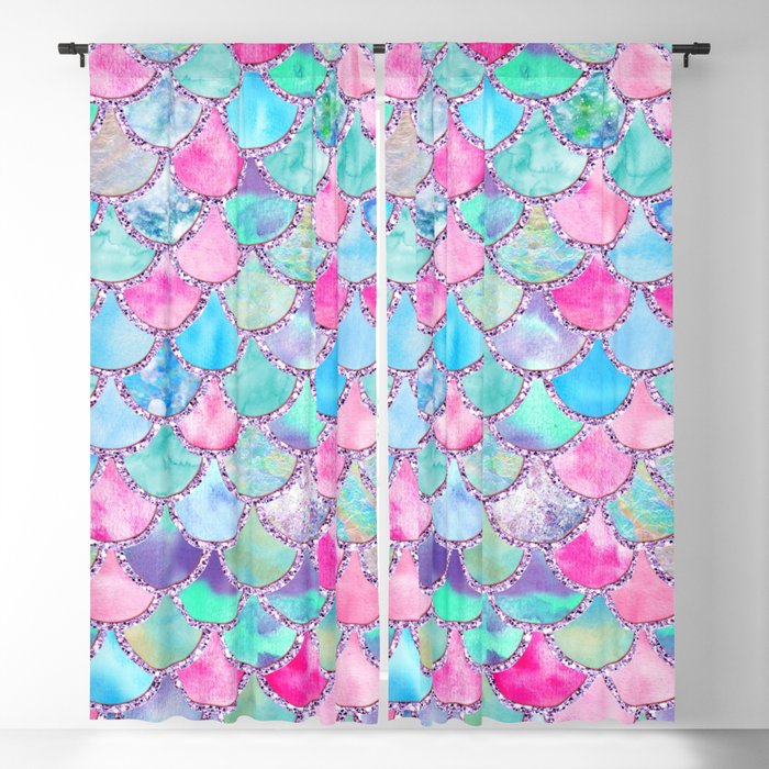Colorful Pink and Blue Watercolor Trendy Glitter Mermaid Scales  Blackout Curtain