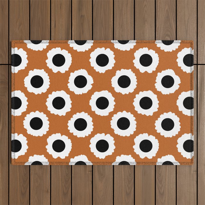 Mid Century Modern Flower Polka Dot Pattern // Terracotta, Potter's Clay, Black and White // V2 Outdoor Rug