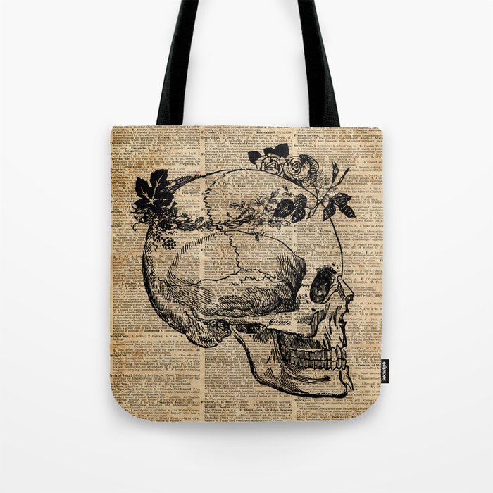 Skull in Floral Wreath Ink Drawing Dictionary Art Tote Bag