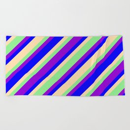 [ Thumbnail: Light Green, Dark Violet, Blue & Tan Colored Lines Pattern Beach Towel ]