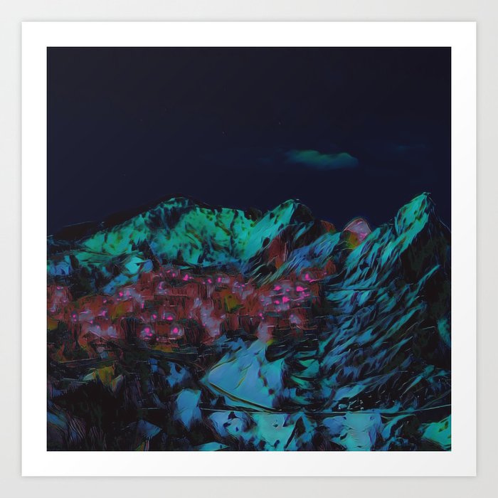 Snowy Mountain Village At Night Iii Art Print By Sun In Shadow Society6