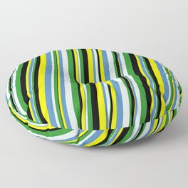 [ Thumbnail: Yellow, Blue, Light Cyan, Forest Green, and Black Colored Stripes Pattern Floor Pillow ]