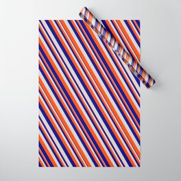 [ Thumbnail: Blue, Light Gray & Red Colored Lined Pattern Wrapping Paper ]