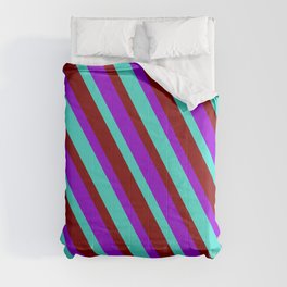 [ Thumbnail: Dark Violet, Turquoise & Maroon Colored Lines/Stripes Pattern Comforter ]