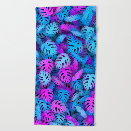 Blue pink tropical leaves Beach Towel