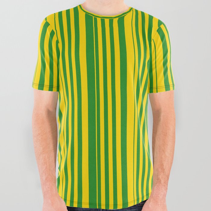 Yellow & Forest Green Colored Pattern of Stripes All Over Graphic Tee
