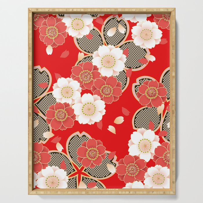 Japanese Vintage Red Black White Floral Kimono Pattern Serving Tray