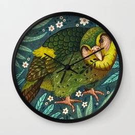 Kakapo Wall Clock | Kea, Folk, Botanical, Painting, Nature, Bird, Curated, Newzealand, Endangeredspecies, Feather 