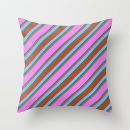 [ Thumbnail: Slate Gray, Violet, Aqua & Sienna Colored Striped/Lined Pattern Throw Pillow ]