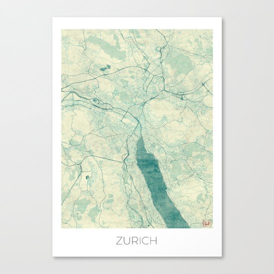 Zurich Map Blue Vintage Canvas Print