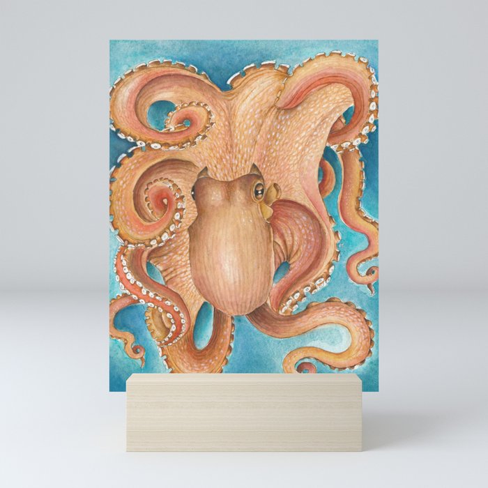 Orange Red Octopus Kraken Tentacles Teal Watercolor Mini Art Print