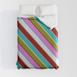 [ Thumbnail: Eyecatching Lavender, Green, Maroon, Orchid & Light Sea Green Colored Pattern of Stripes Duvet Cover ]