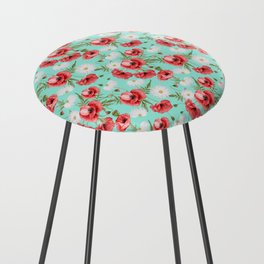 Daisy and Poppy Seamless Pattern on Mint Blue Background Counter Stool