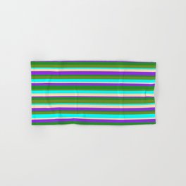 [ Thumbnail: Vibrant Tan, Purple, Forest Green, Green & Aqua Colored Striped/Lined Pattern Hand & Bath Towel ]