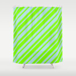 [ Thumbnail: Powder Blue & Chartreuse Colored Lined/Striped Pattern Shower Curtain ]
