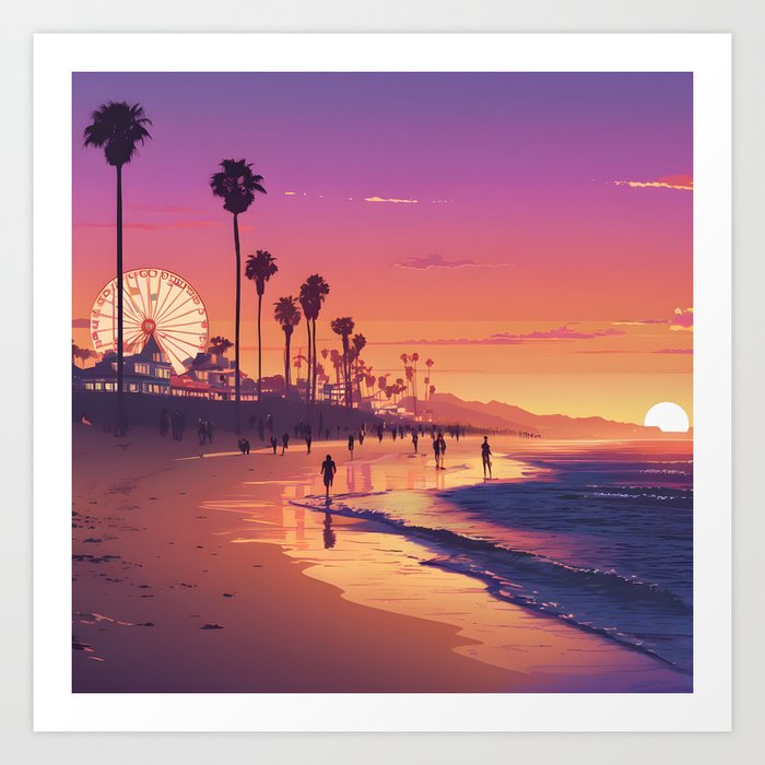 Santa Monica Beach at sunset Art Print