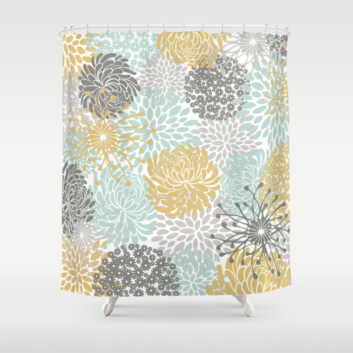 Fl Abstract Print Yellow Gray, Gray And Yellow Shower Curtains