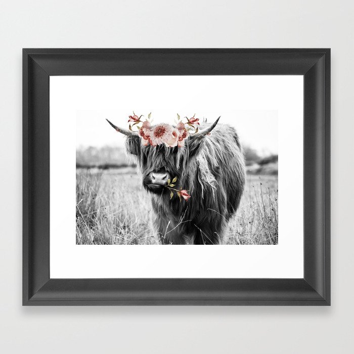 Highland Cow Landscape with Flowers Framed Art Print