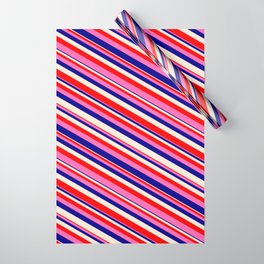 [ Thumbnail: Beige, Red, Hot Pink, and Dark Blue Colored Stripes/Lines Pattern Wrapping Paper ]
