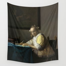 A Lady Writing Oil Painting by Johannes Vermeer Wall Tapestry