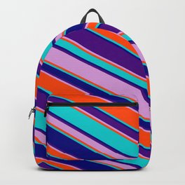 [ Thumbnail: Eyecatching Dark Turquoise, Blue, Indigo, Plum, and Red Colored Lined/Striped Pattern Backpack ]