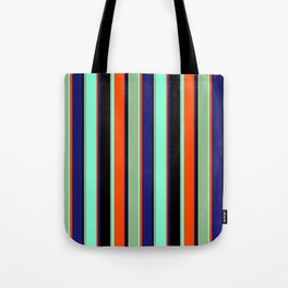 [ Thumbnail: Vibrant Black, Dark Sea Green, Aquamarine, Red, and Midnight Blue Colored Pattern of Stripes Tote Bag ]