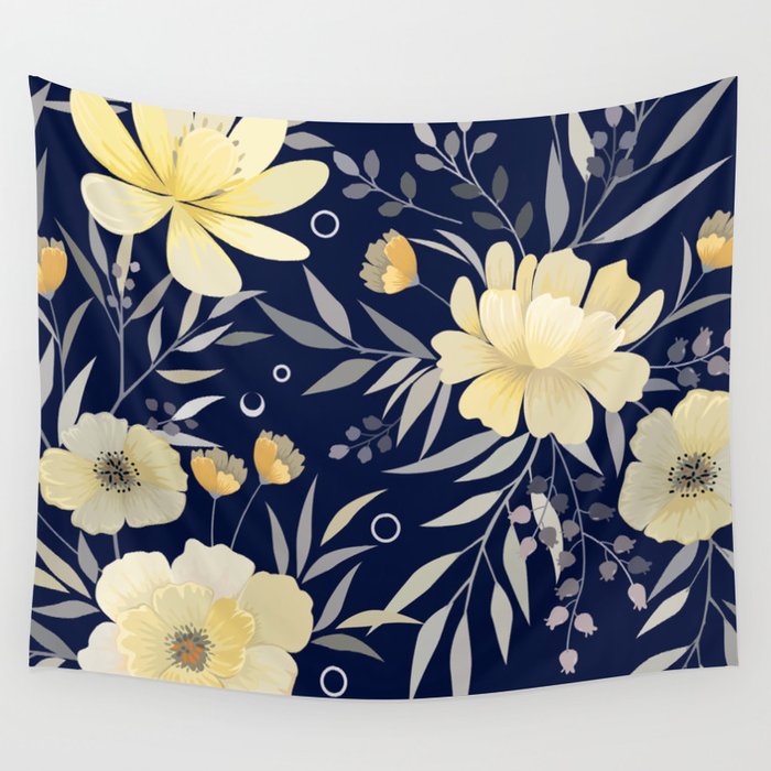 Modern Boho Floral Prints Blue and Yellow Wall Tapestry by Megan Morris Society6