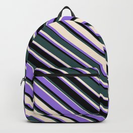 [ Thumbnail: Dark Slate Gray, Beige, Purple & Black Colored Lined Pattern Backpack ]