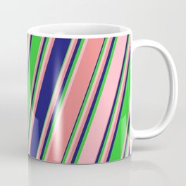 [ Thumbnail: Lime Green, Light Pink, Light Coral & Midnight Blue Colored Lines/Stripes Pattern Coffee Mug ]