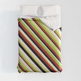 [ Thumbnail: Eye-catching Tan, Green, Red, Black & White Colored Striped/Lined Pattern Duvet Cover ]