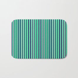 [ Thumbnail: Midnight Blue, Green, and Grey Colored Stripes/Lines Pattern Bath Mat ]