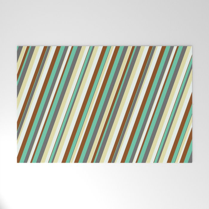 Vibrant Aquamarine, Dim Grey, Pale Goldenrod, Mint Cream, and Brown Colored Lined Pattern Welcome Mat