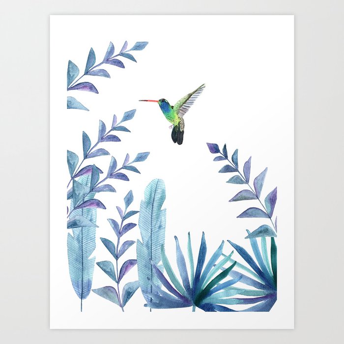 Hummingbird with tropical foliage Art Print