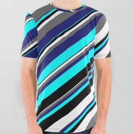 [ Thumbnail: Aqua, Black, White, Dim Gray & Midnight Blue Colored Stripes/Lines Pattern All Over Graphic Tee ]