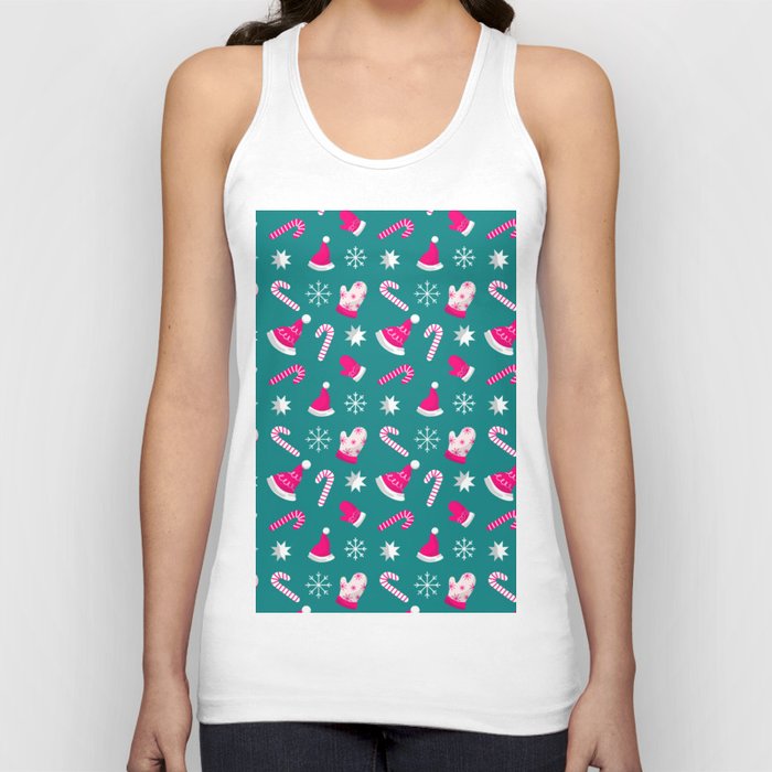 Christmas Pattern Turquoise Glove Hat Candy Tank Top
