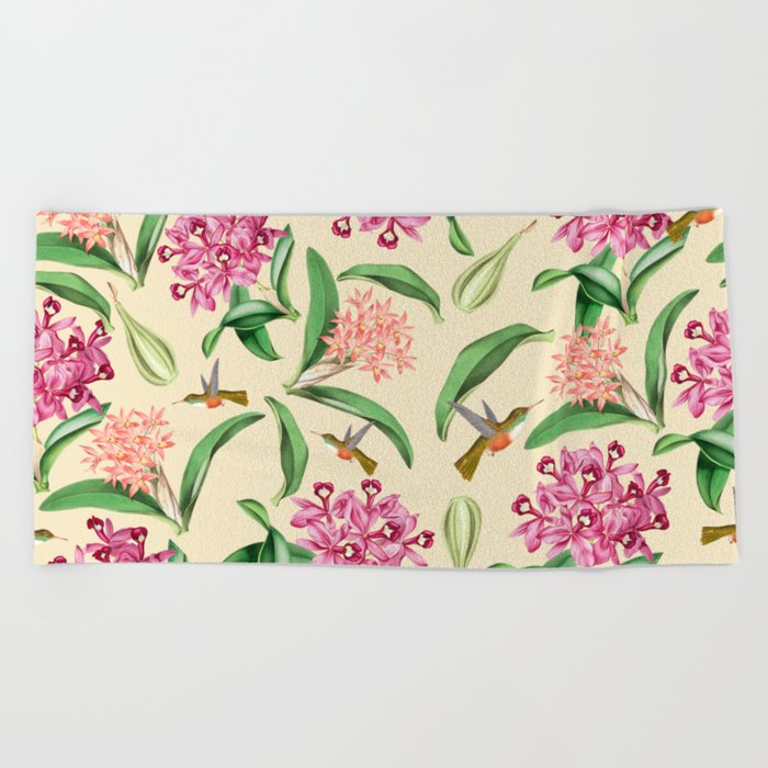 Cream Orchids Botanical Pattern Beach Towel