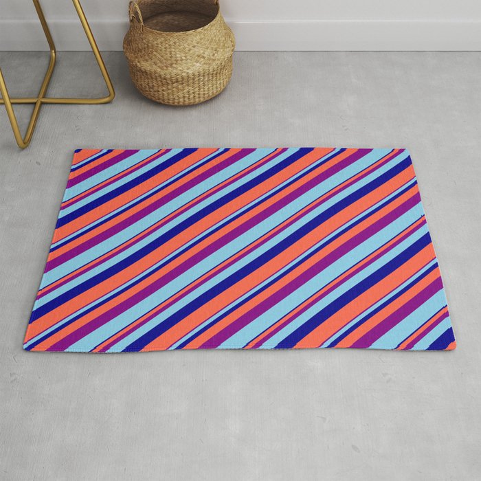 Purple, Sky Blue, Dark Blue, and Red Colored Lines/Stripes Pattern Rug