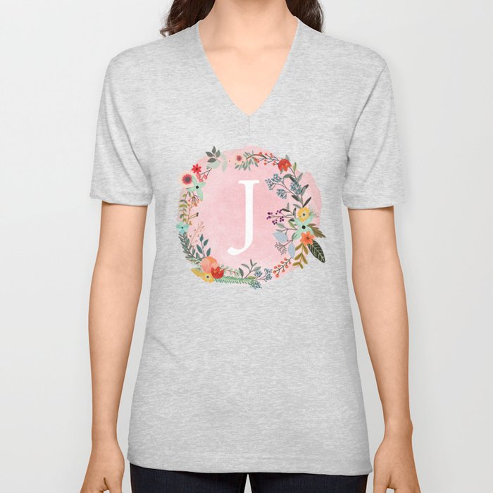 Flower Wreath with Personalized Monogram Initial Letter J on Pink Watercolor Paper Texture Artwork V Neck T Shirt