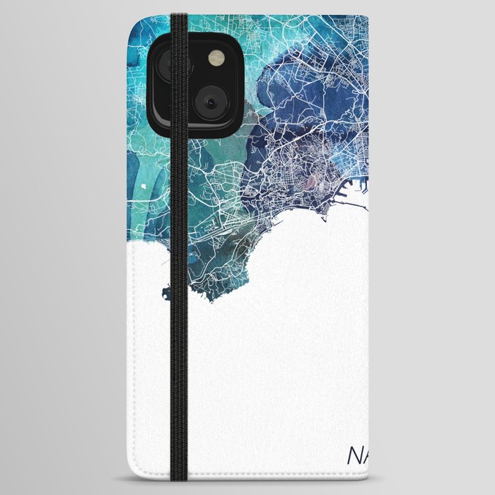 Naples Map Navy Blue Turquoise Watercolor Naples Italy City Street Map iPhone Wallet Case