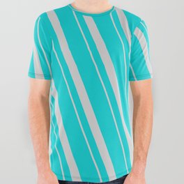 [ Thumbnail: Dark Turquoise & Light Gray Colored Lines/Stripes Pattern All Over Graphic Tee ]