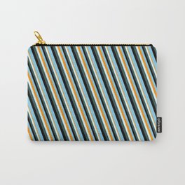 [ Thumbnail: Eyecatching Dark Orange, Light Cyan, Dark Slate Gray, Black, and Sky Blue Colored Stripes Pattern Carry-All Pouch ]